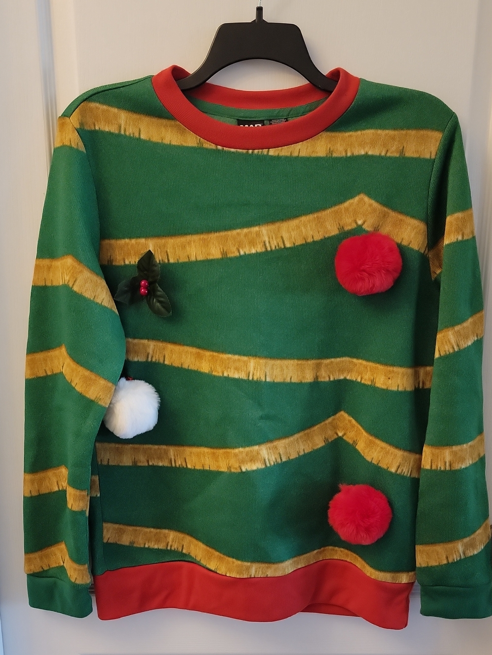 MAD Engine Green and Red Holiday Pom Ugly Sweater.
